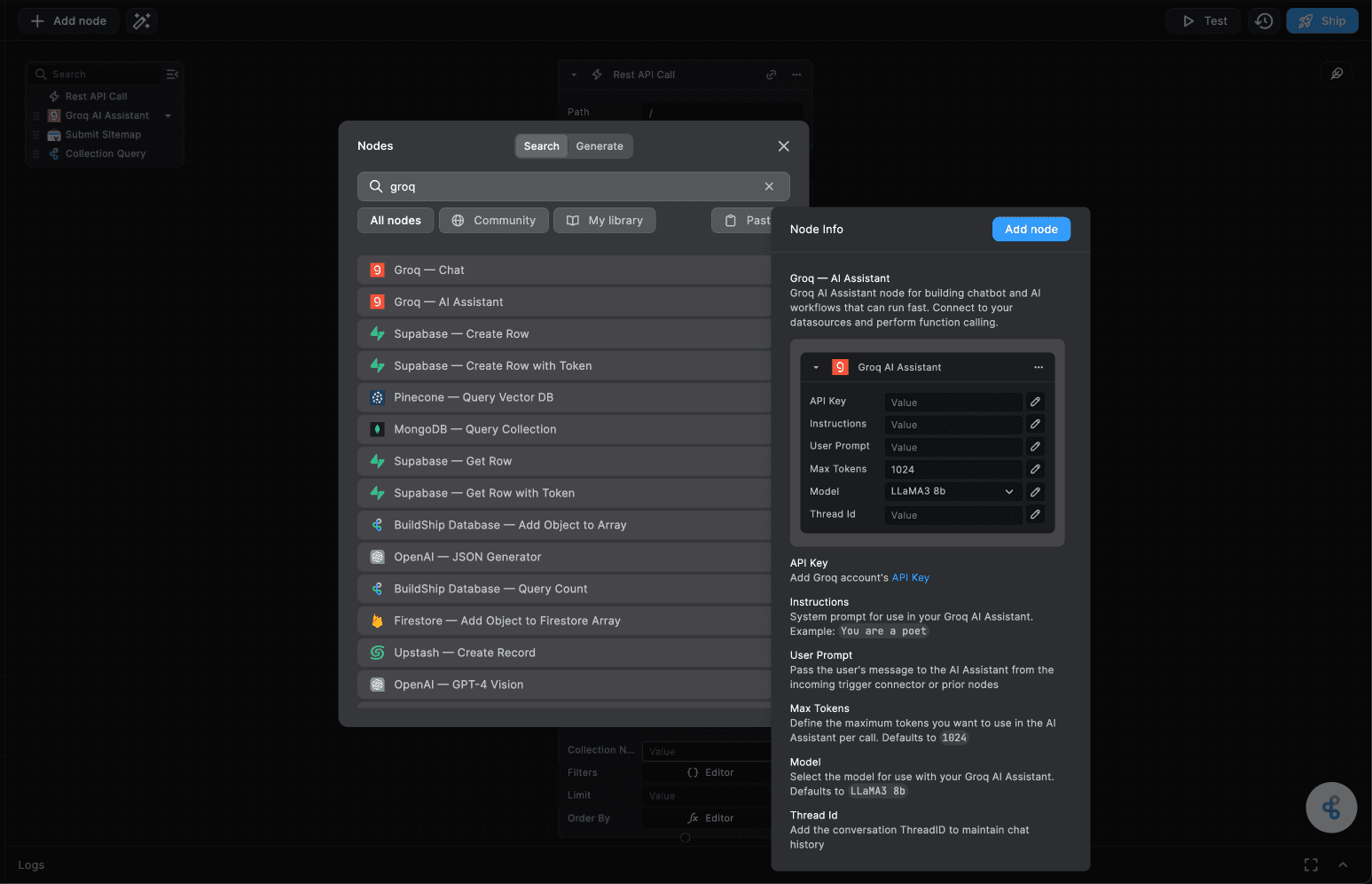 Adding the Groq AI Assistant Node