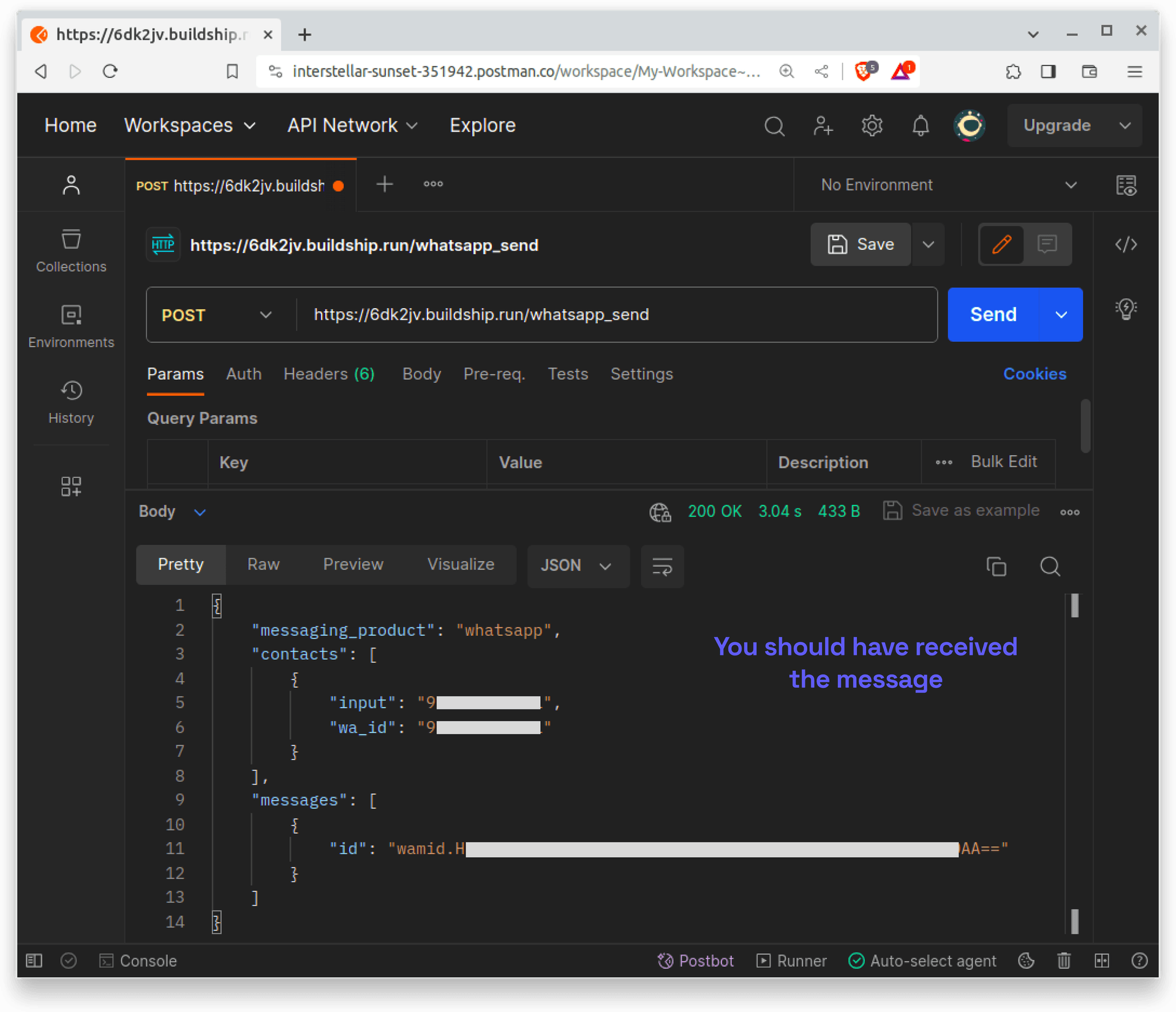 WhatsApp node in postman